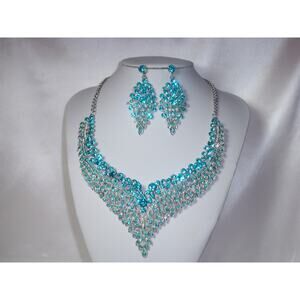 Aqua rhinestone necklace set blue necklace, prom dressy evening wedding necklace